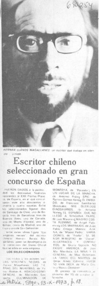 Escritor chileno seleccionado en gran concurso de España.