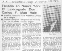 Falleció en Nueva York el lexicógrafo Don Carlos F. Mac Hale.