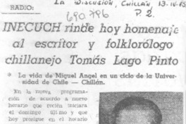 INECUCH rinde hoy homenaje al escritor y folklorólogo chillanejo Tomás Lago Pinto.