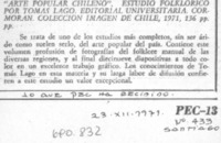 "Arte popular chileno", estudio folklórico por Tomás Lago.
