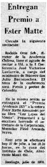 Entregan Premio a Ester Matte.