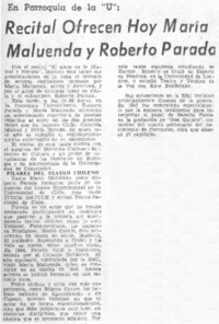 Recital ofrecen hoy María Maluenda y Roberto Parada.