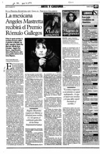 La mexicana Angeles Mastretta recibirá el Premio Rómulo Gallegos  [artículo] Guido Bolaños.