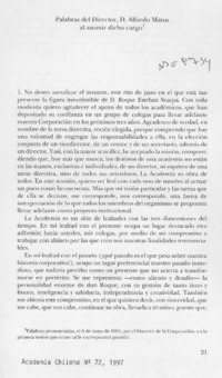 Palabras del Director D. Alfredo Matus al asumir dicho cargo  [artículo].