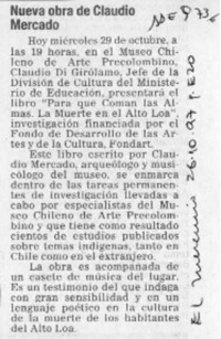 Nueva obra de Claudio Mercado  [artículo].
