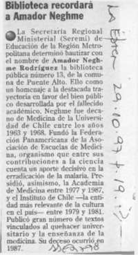 Biblioteca recordará a Amador Neghme  [artículo].