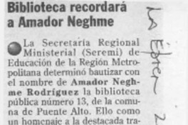 Biblioteca recordará a Amador Neghme  [artículo].