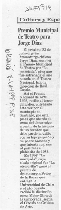Premio Municipal de Teatro para Jorge Díaz  [artículo].