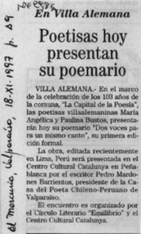 Poetisas hoy presentan su poemario  [artículo].