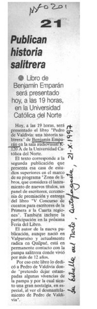 Publican historia salitrera  [artículo].