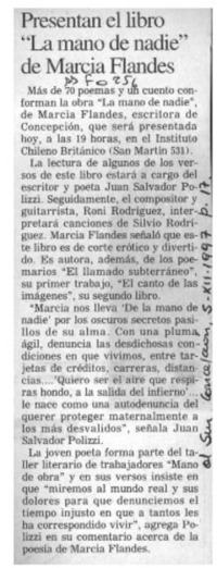 Presentan libro "La mano de nadie" de Marcia Flandes  [artículo].
