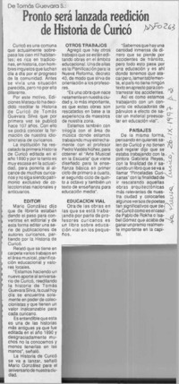 Pronto será lanzada reedición de Historia de Curicó  [artículo].
