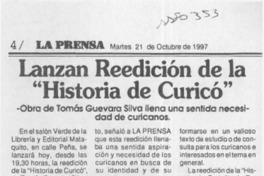 Lanzan reedición de la "Historia de Curicó"  [artículo].