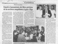 Emotivo lanzmiento del libro póstumo de la escritora magallánica Agata Gligo  [artículo] Catalina Mujica.