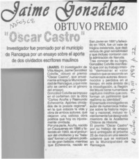 Jaime González obtuvo premio "Oscar Castro"  [artículo].