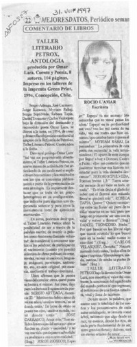 Taller Literario Pétrox, antología  [artículo] Rocío L'Amar.