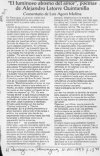 "El luminoso abismo del amor", poemas de Alejandro Latorre Quintanilla  [artículo] Luis Agoni Molina.