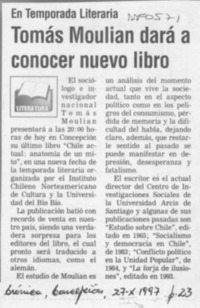 Tomás Moulian dará a conocer nuevo libro  [artículo].