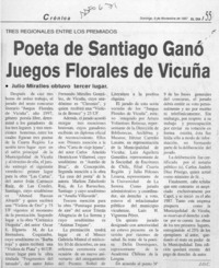Poeta de Santiago ganó juegos florales de Vicuña  [artículo] J. O. C.