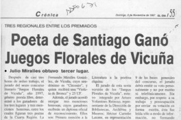 Poeta de Santiago ganó juegos florales de Vicuña  [artículo] J. O. C.