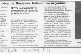 Montarán obra de Benjamín Galemiri en Argentina  [artículo].