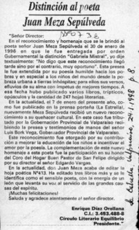 Distinción al poeta Juan Meza Sepúlveda  [artículo] Enrique Díaz Orellana.