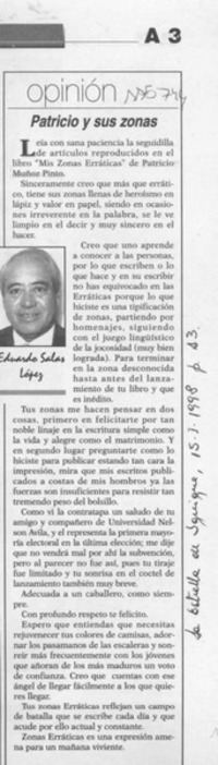 Patricio y sus zonas  [artículo] Eduardo Salas López.