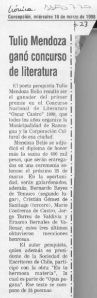 Tulio Mendoza ganó concurso de literatura  [artículo].