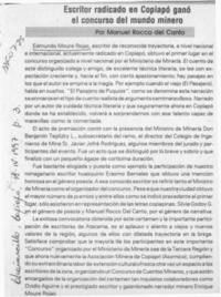 Escritor radico en Copiapó ganó el concurso del mundo minero  [artículo] Manuel Rocco del Canto.