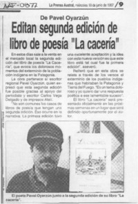 Editan segunda edición de libro de poesía "La cacería"  [artículo].