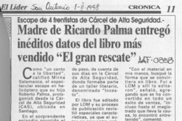 Madre de Ricardo Palma entregó inéditos datos del libro más vendido "El gran rescate"