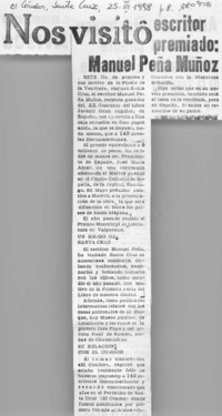 Nos visitó escritor premiado, Manuel Peña Muñoz  [artículo].