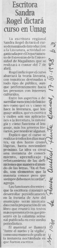 Escritora Sandra Rogel dictará curso en Umag  [artículo].