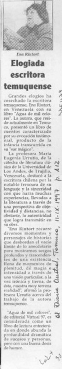 Elogiada escritora temuquense  [artículo].