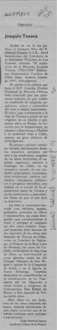 Joaquín Toesca  [artículo] Sergio Marttinez Baeza.