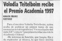 Volodia Teitelboim recibe el Premio Academia 1997  [artículo] Ignacio Iñíguez.