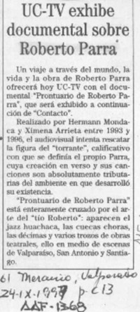 UC-TV exhibe documental sobre Roberto Parra