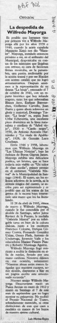 La despedida de Wilfredo Mayorga  [artículo] Luis Merino Reyes.