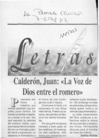 Calderón, Juan, "La voz de Dios entre el romero"  [artículo] Matías Rafide.