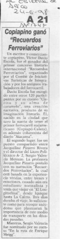 Copiapino ganó "Recuerdos ferroviarios"  [artículo].