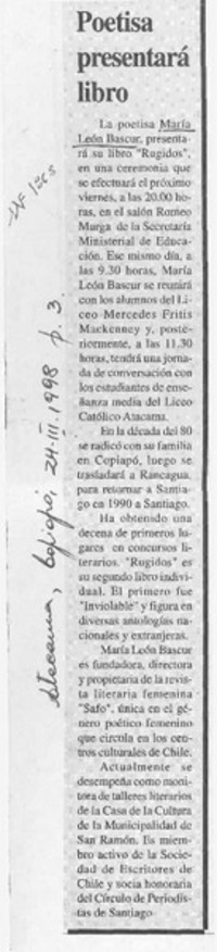 Poetisa presentará libro  [artículo].