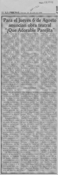 Para el jueves 6 de agosto anuncian obra teatral "Qué adorable parejita"  [artículo].