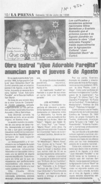Obra teatral "Qué adorable parejita" anuncian para el jueves 6 de agosto  [artículo].