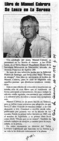 Libro de Manuel Cabrera se lanza en La Serena  [artículo].