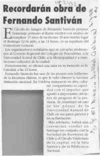 Recordarán obra de Fernando Santiván  [artículo].