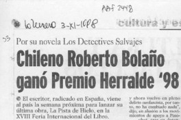 Chileno Roberto Bolaño ganó Premio Herralde '98  [artículo].