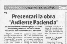 Presentan la obra "Ardiente paciencia"  [artículo].