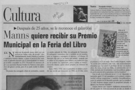 Manns quiere recibir su Premio Municipal en la Feria del Libro