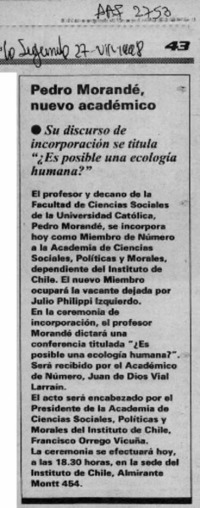 Pedro Morandé, nuevo académico  [artículo].