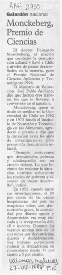 Monckeberg, premio de ciencias  [artículo].